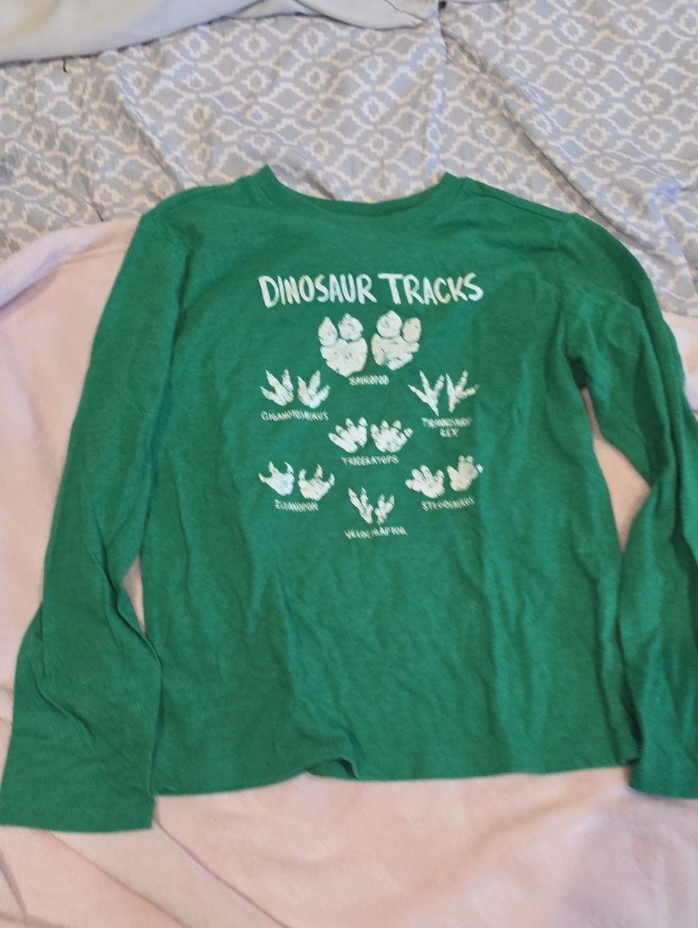 Cat & Jack Green Long Sleeve Tee with White 'Dinosaur Tracks' Print
